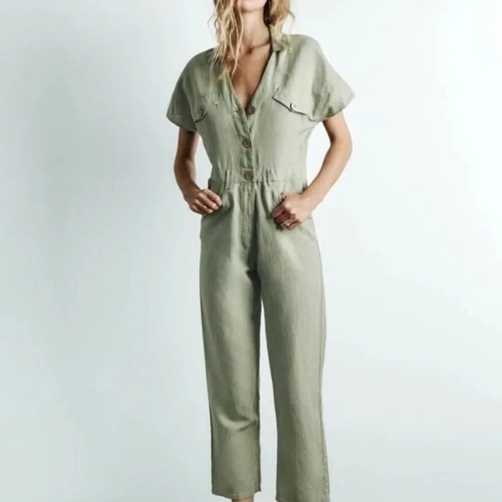 ZARA Green Khaki Linen Blend Short Sleeve Jumpsuit SIZE S 8200/708/506